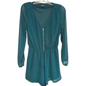 Express Long Sheer Sleeve Romper V Neck Zip Up‎ Elastic Waist Green Size SP